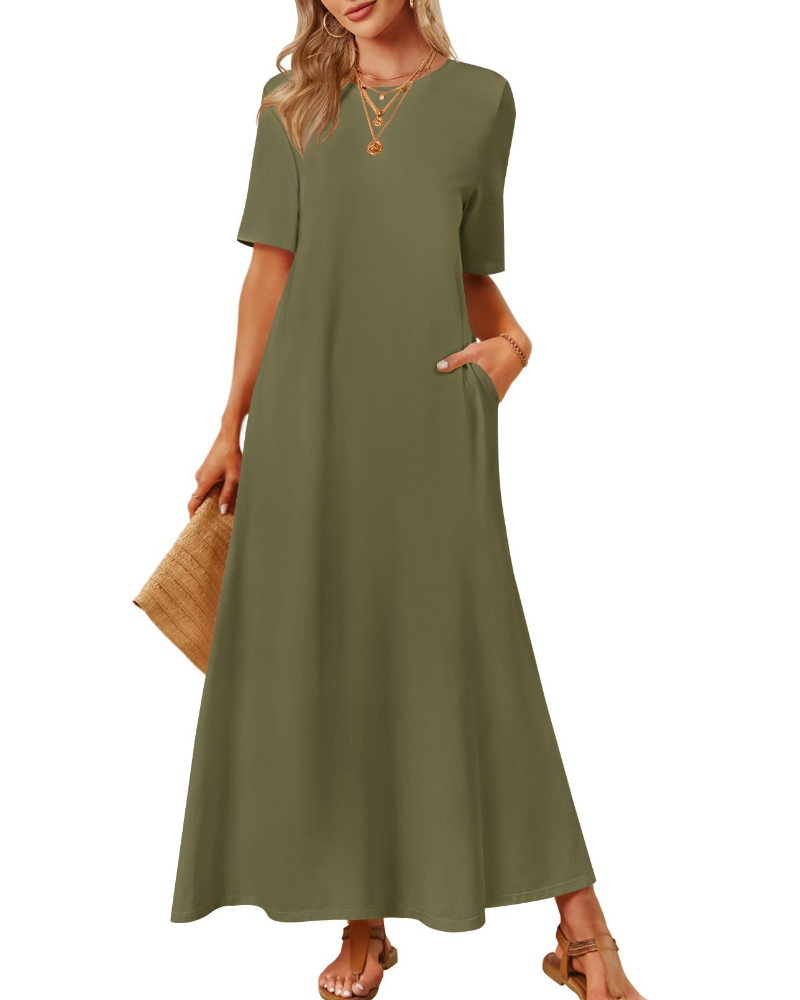 Sophie Abito Femme – Robe Maxi Basique avec Manches Courtes, Col Rond et Poches Latérales