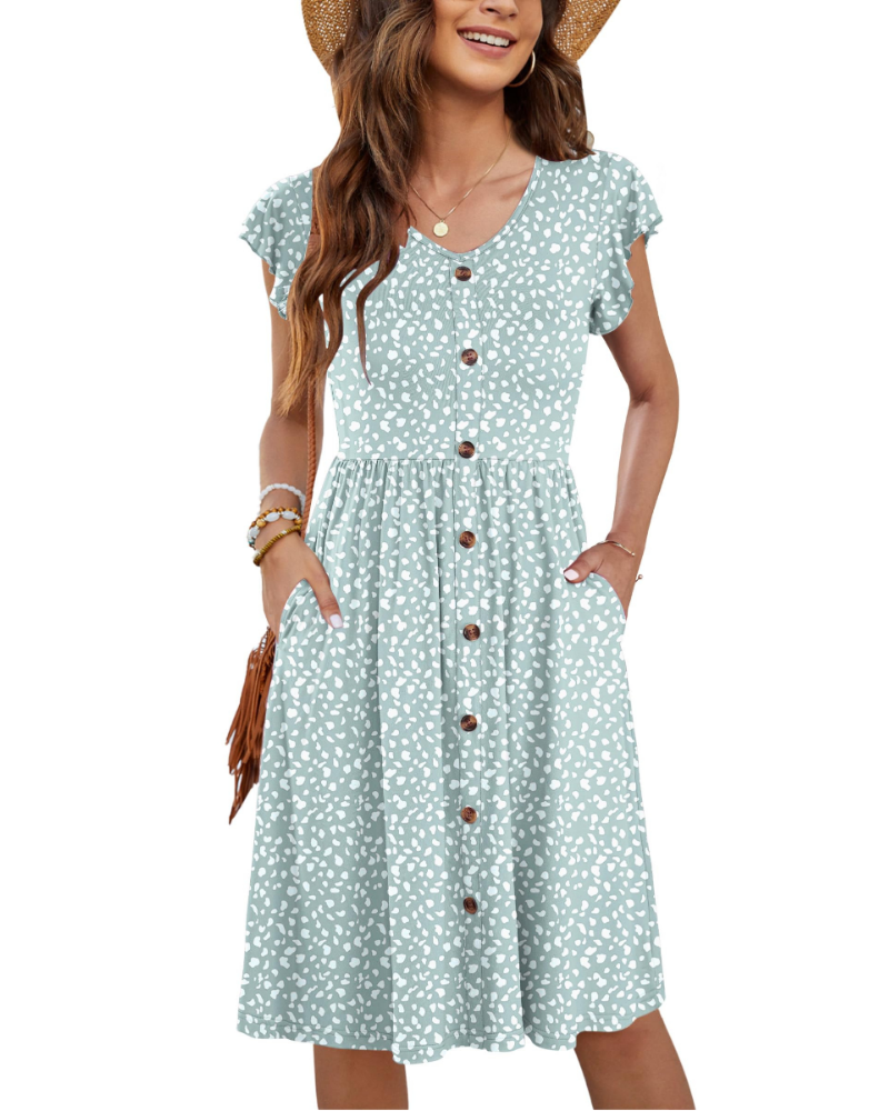 Naomi Damen Midi-Kleid – Sommerkleid mit V-Ausschnitt, Volant-Ärmeln & Taschen