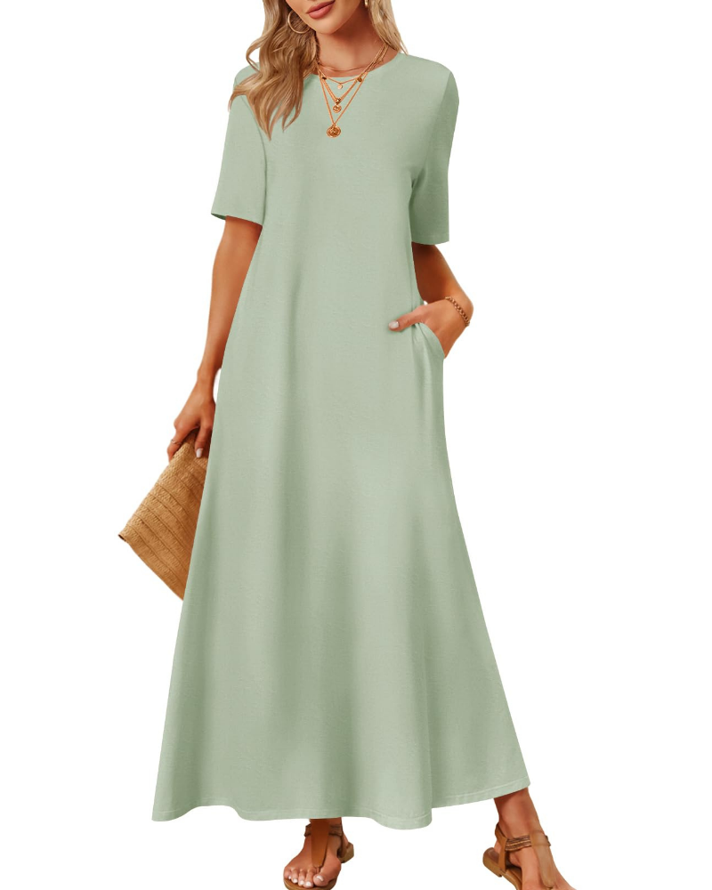 Sophie Abito Femme – Robe Maxi Basique avec Manches Courtes, Col Rond et Poches Latérales