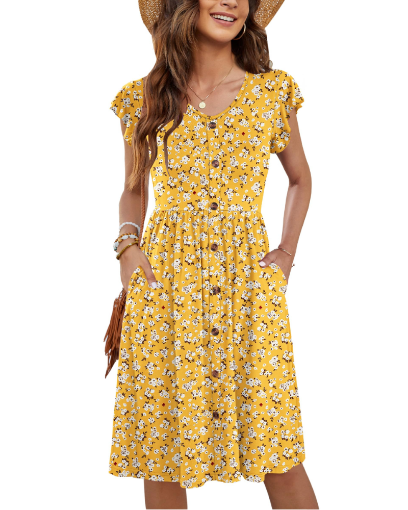 Naomi Damen Midi-Kleid – Sommerkleid mit V-Ausschnitt, Volant-Ärmeln & Taschen
