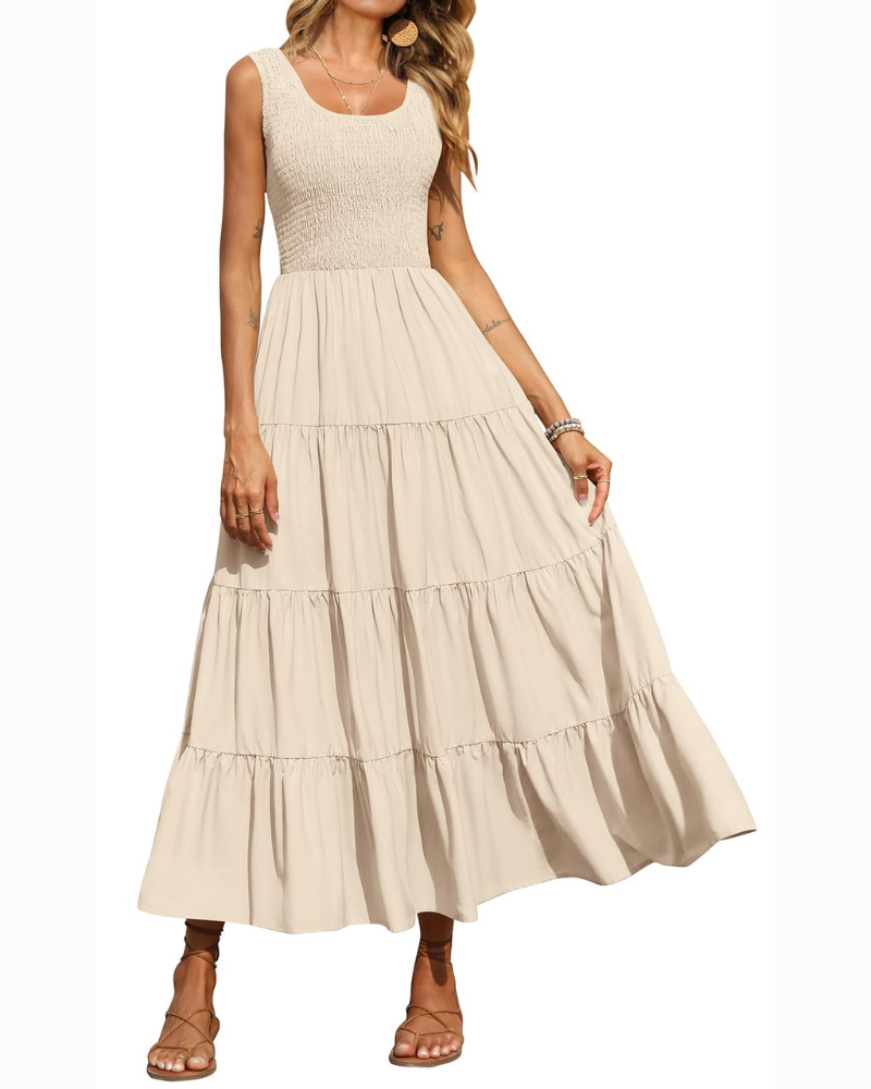 Sophie Abito Donna – Vestito Maxi Smock Senza Maniche con Vita Alta & Gonna a Balze