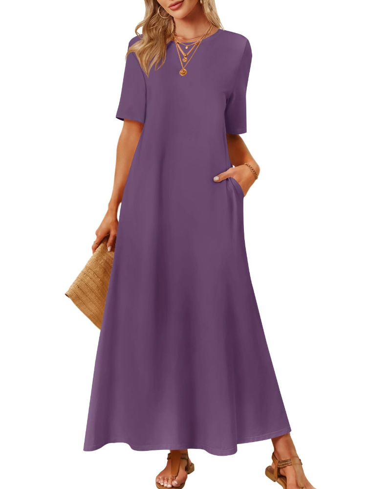Sophie Abito Femme – Robe Maxi Basique avec Manches Courtes, Col Rond et Poches Latérales