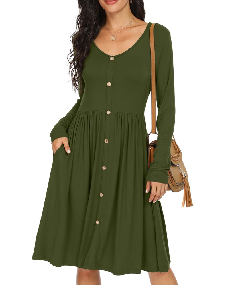 Vestido Charlotte para mujer – Vestido línea A con mangas largas, bolsillos y cintura elástica