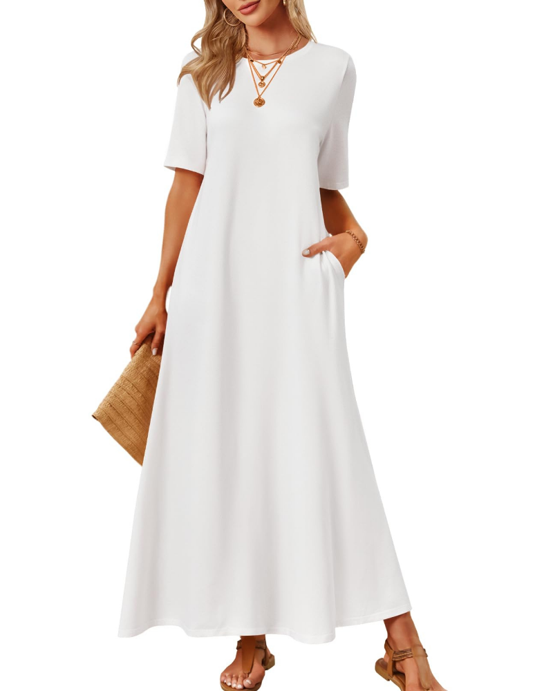 Sophie Abito Femme – Robe Maxi Basique avec Manches Courtes, Col Rond et Poches Latérales