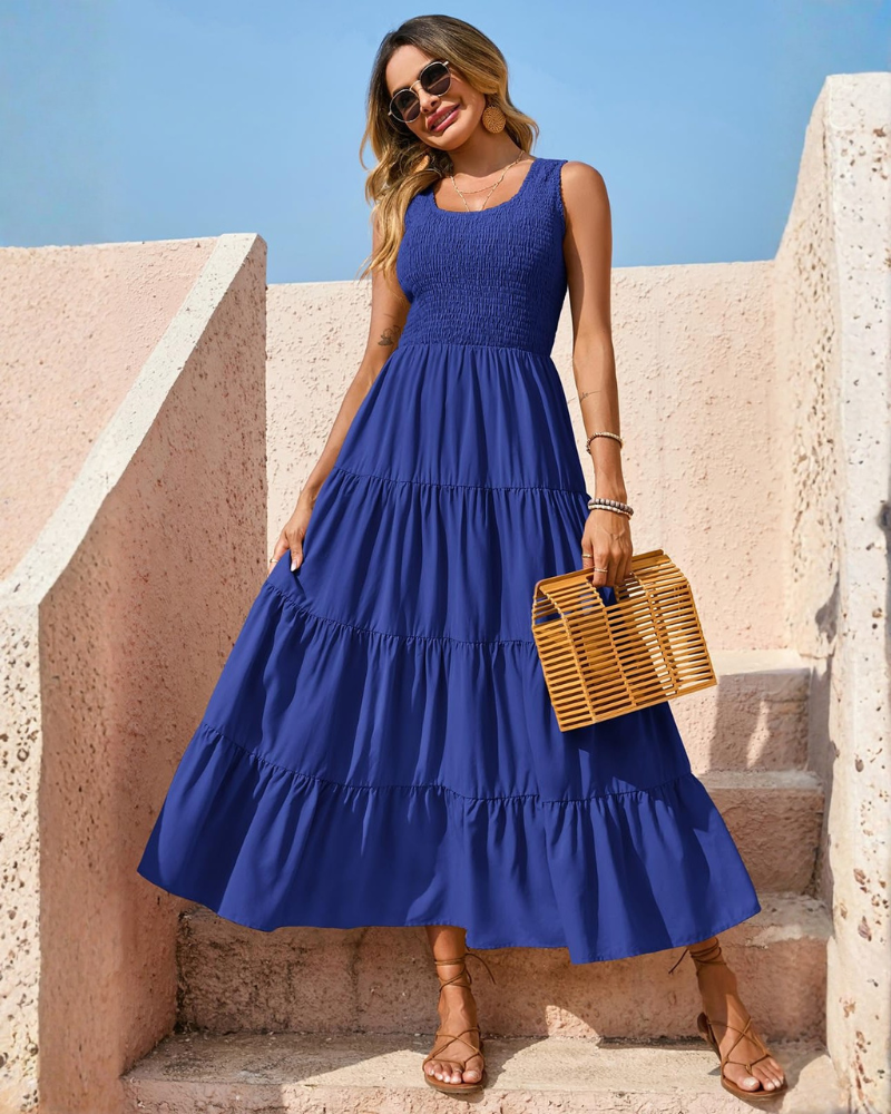 Sophie Abito Femme – Robe Maxi Smock Sans Manches avec Taille Haute & Jupe à Volants