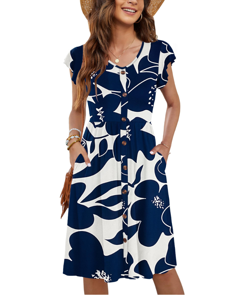 Naomi Damen Midi-Kleid – Sommerkleid mit V-Ausschnitt, Volant-Ärmeln & Taschen