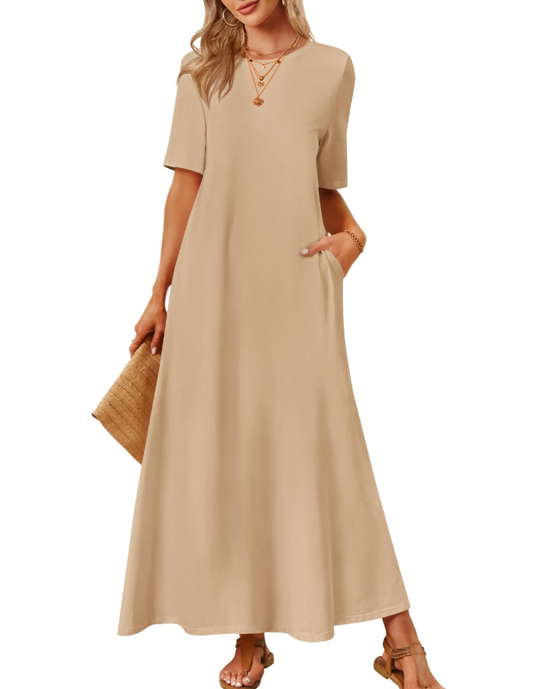 Sophie Abito Femme – Robe Maxi Basique avec Manches Courtes, Col Rond et Poches Latérales