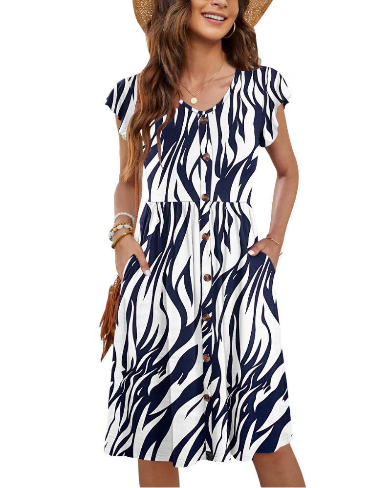 Naomi Damen Midi-Kleid – Sommerkleid mit V-Ausschnitt, Volant-Ärmeln & Taschen