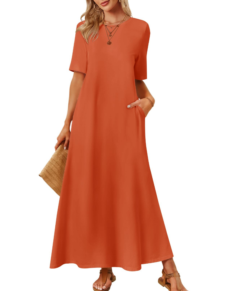 Sophie Abito Femme – Robe Maxi Basique avec Manches Courtes, Col Rond et Poches Latérales