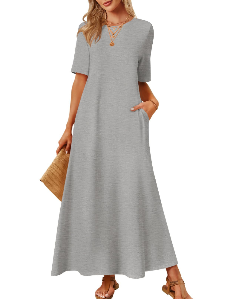 Sophie Abito Femme – Robe Maxi Basique avec Manches Courtes, Col Rond et Poches Latérales