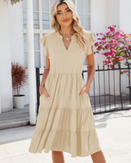 Robe midi d'été pour femme Rosalie Abito – avec col en V, volants, plissé et poches
