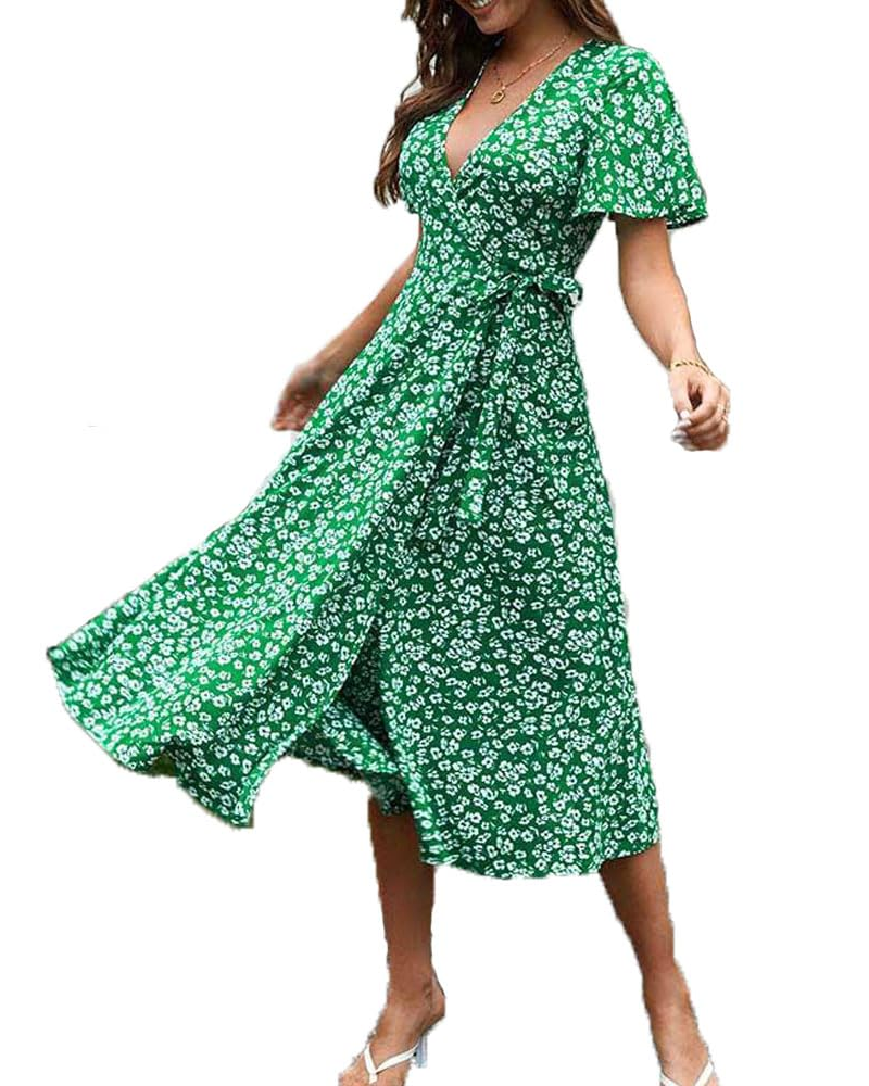 Daisy Abito Donna – Vestito Midi Floreale Wrap con Scollo a V, Maniche Corte & Linea A