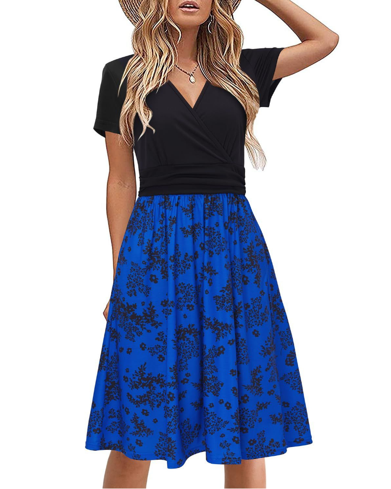 Elena Damen Midi-Kleid – V-Ausschnitt, kurze Ärmel, Empire-Taille & Taschen