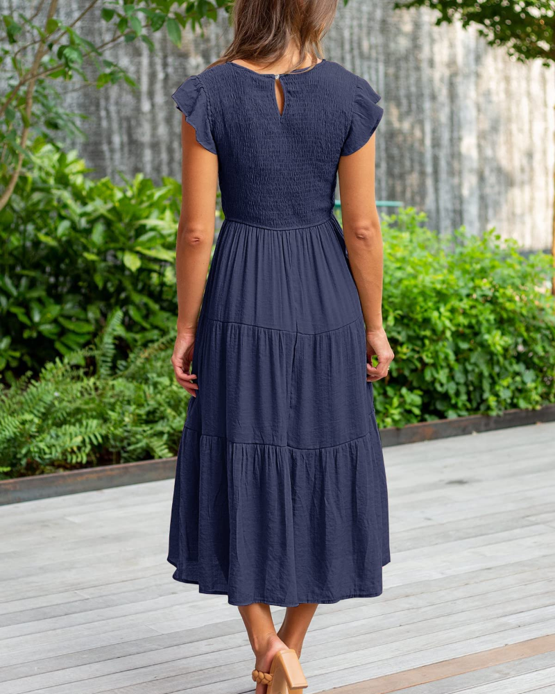 Ella Damenkleid – Midi-Kleid mit Smock, Flatterärmeln, hoher Taille und Stufenrock
