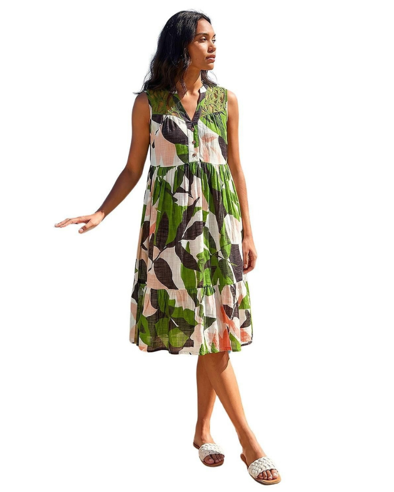 Sienna Abito Donna – Vestito Tropicale in Cotone con Pizzo, Scollo a V & Gonna a Balze