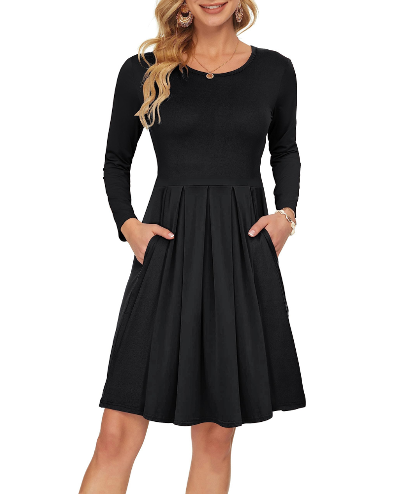 Nora Abito Donna – Vestito Swing al Ginocchio con Maniche Lunghe, Girocollo & Tasche