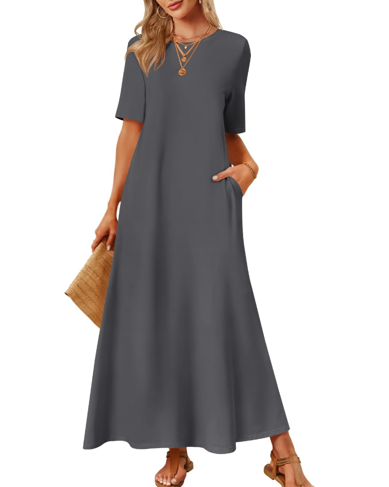 Sophie Abito Femme – Robe Maxi Basique avec Manches Courtes, Col Rond et Poches Latérales
