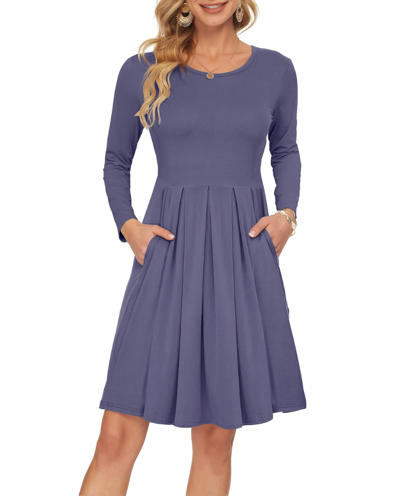 Nora Abito Donna – Vestito Swing al Ginocchio con Maniche Lunghe, Girocollo & Tasche