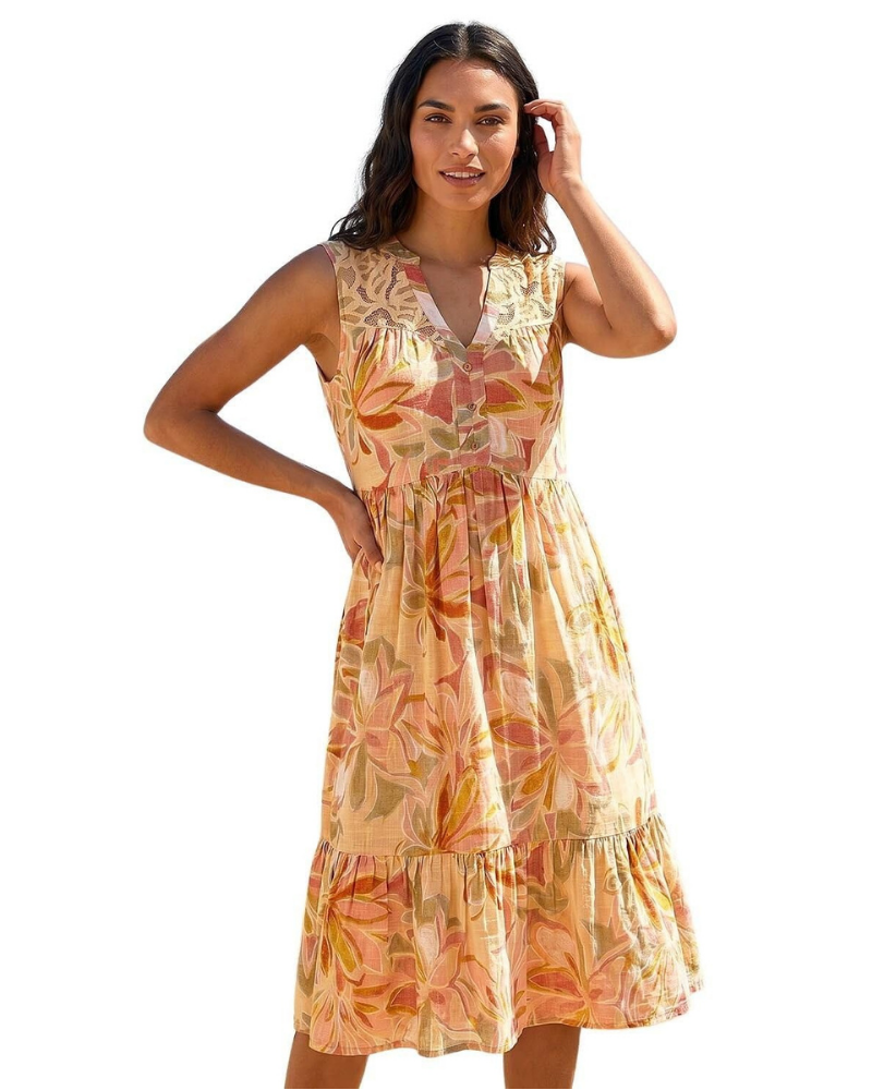 Sienna Abito Donna – Vestito Tropicale in Cotone con Pizzo, Scollo a V & Gonna a Balze