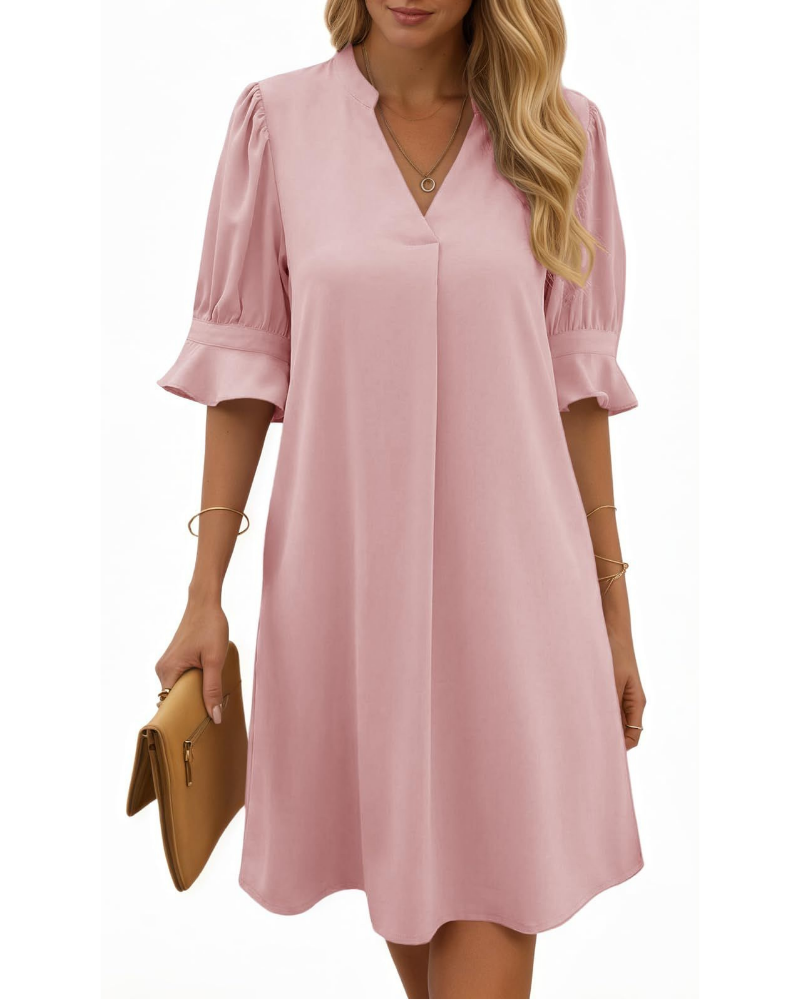 Camille Damen Midi-Kleid – V-Ausschnitt, halbe Volant-Ärmel & lockere Passform