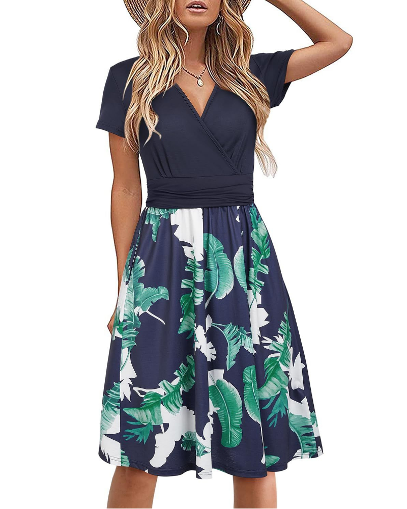 Elena Damen Midi-Kleid – V-Ausschnitt, kurze Ärmel, Empire-Taille & Taschen