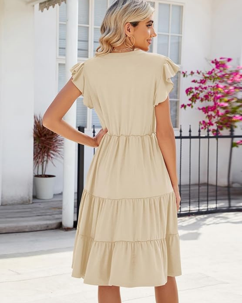Robe midi d'été pour femme Rosalie Abito – avec col en V, volants, plissé et poches
