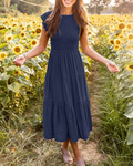 Ella Damenkleid – Midi-Kleid mit Smock, Flatterärmeln, hoher Taille und Stufenrock