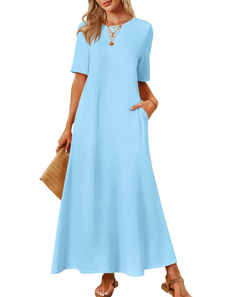 Sophie Abito Femme – Robe Maxi Basique avec Manches Courtes, Col Rond et Poches Latérales