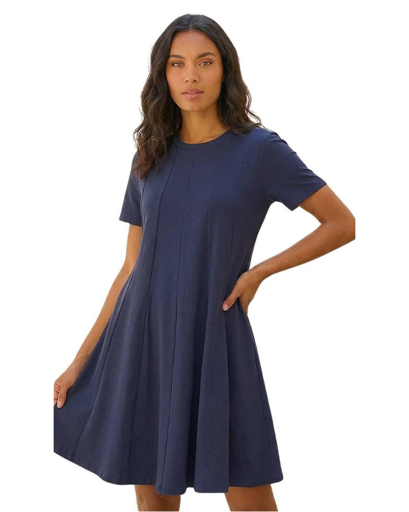 Robe Swing pour Femme Amelia – Robe en Coton Extensible avec Panneaux, Col Rond et Manches Courtes