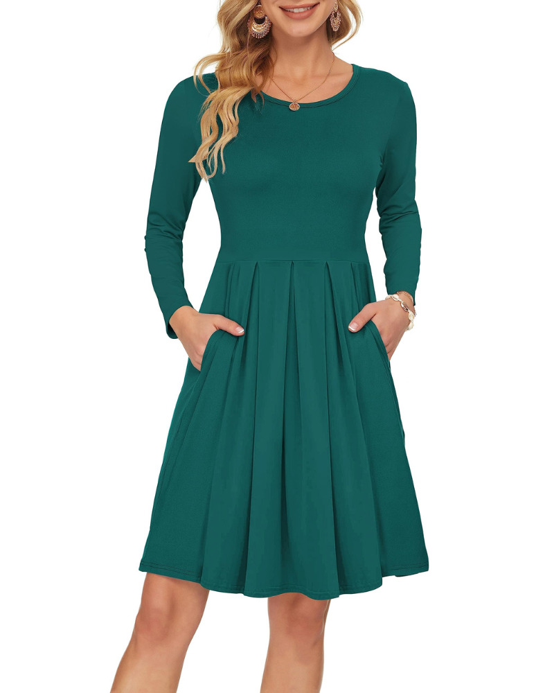 Nora Abito Donna – Vestito Swing al Ginocchio con Maniche Lunghe, Girocollo & Tasche