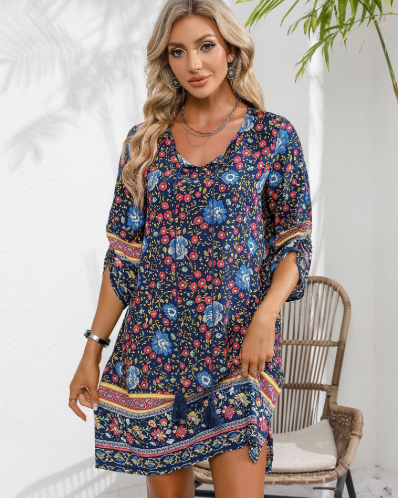 Ruby Abito Donna – Vestito Tunica Boho Floreale con Maniche 3/4, Fiocco & Fit Morbido
