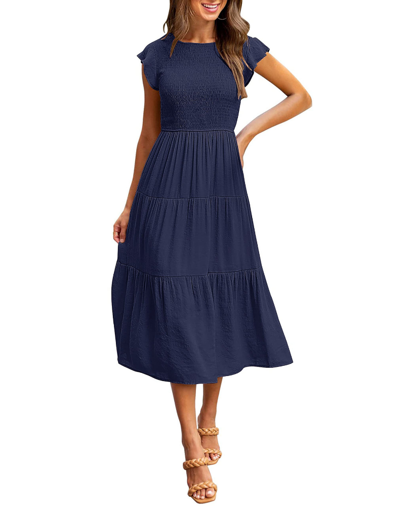 Ella Damenkleid – Midi-Kleid mit Smock, Flatterärmeln, hoher Taille und Stufenrock
