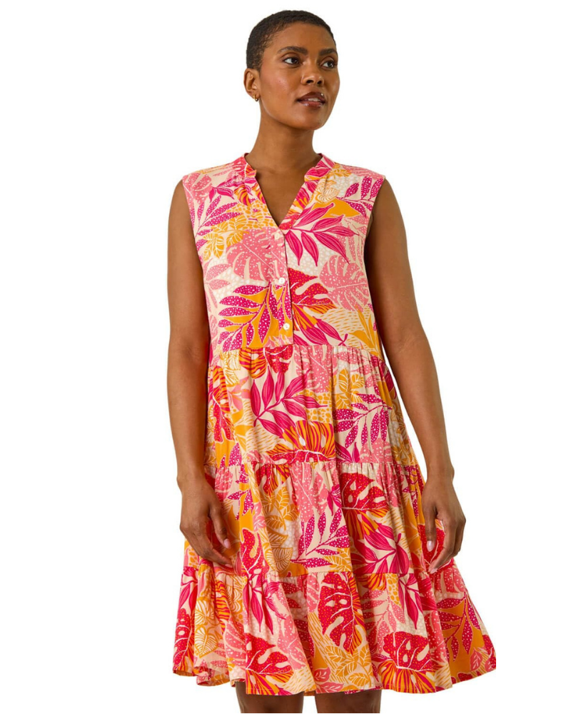 Sienna Abito Donna – Vestito Tropicale in Cotone con Pizzo, Scollo a V & Gonna a Balze