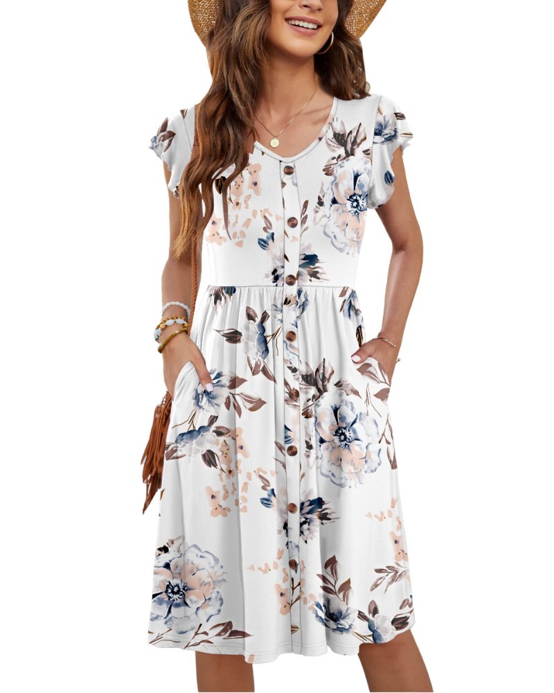 Naomi Abito Midi Femme – Robe d'été avec col en V, manches volantées et poches