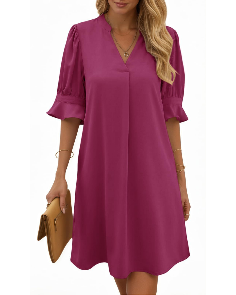 Camille Damen Midi-Kleid – V-Ausschnitt, halbe Volant-Ärmel & lockere Passform