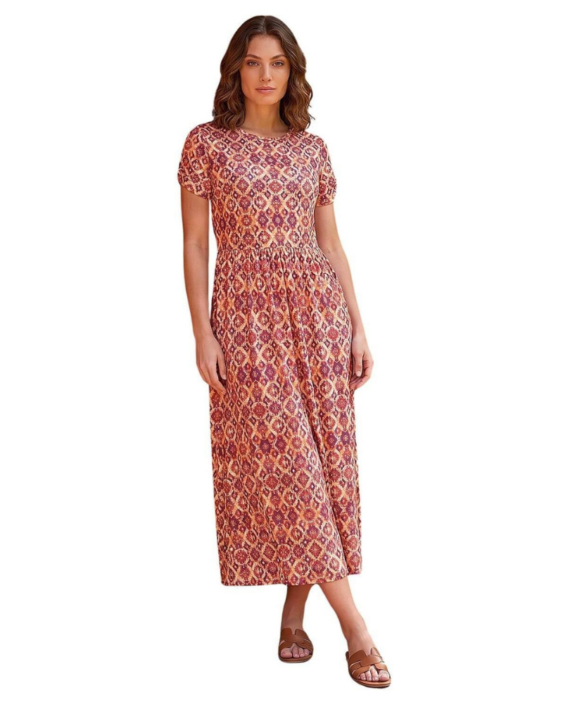 Zoe Abito Donna – Vestito Midi in Jersey Stretch con Stampa Patchwork, Tasche & Girocollo