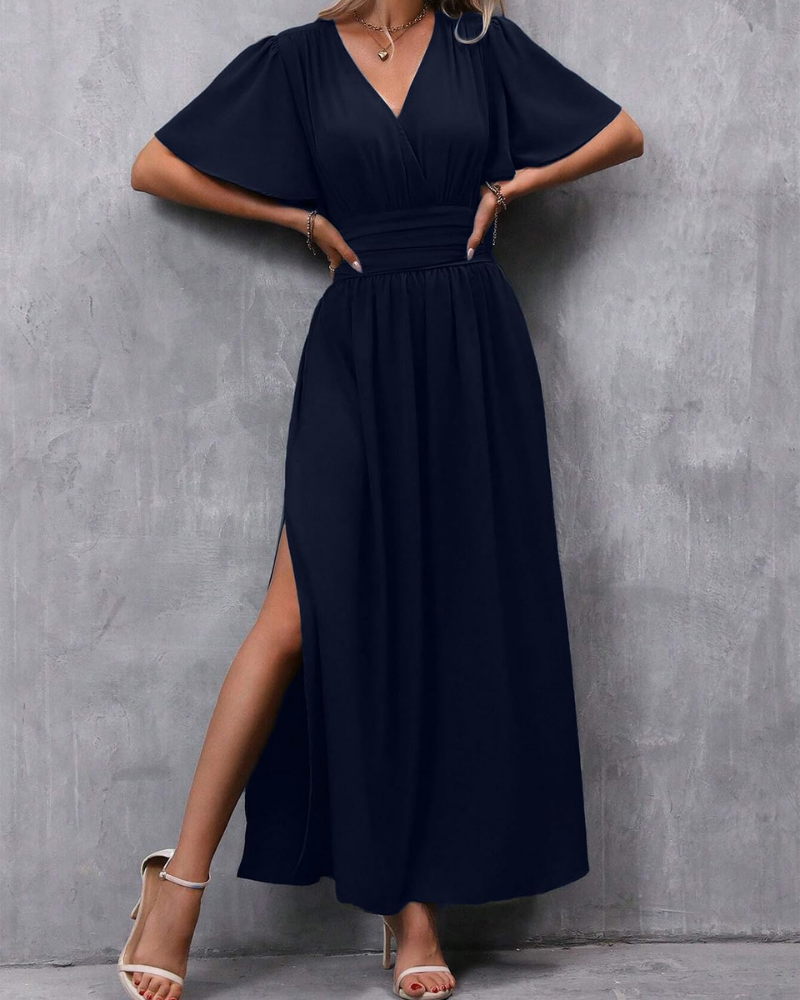 Marina Abito Maxi Damen – Elegantes Kleid mit V-Ausschnitt, Schlitz und Schmetterlingsärmeln
