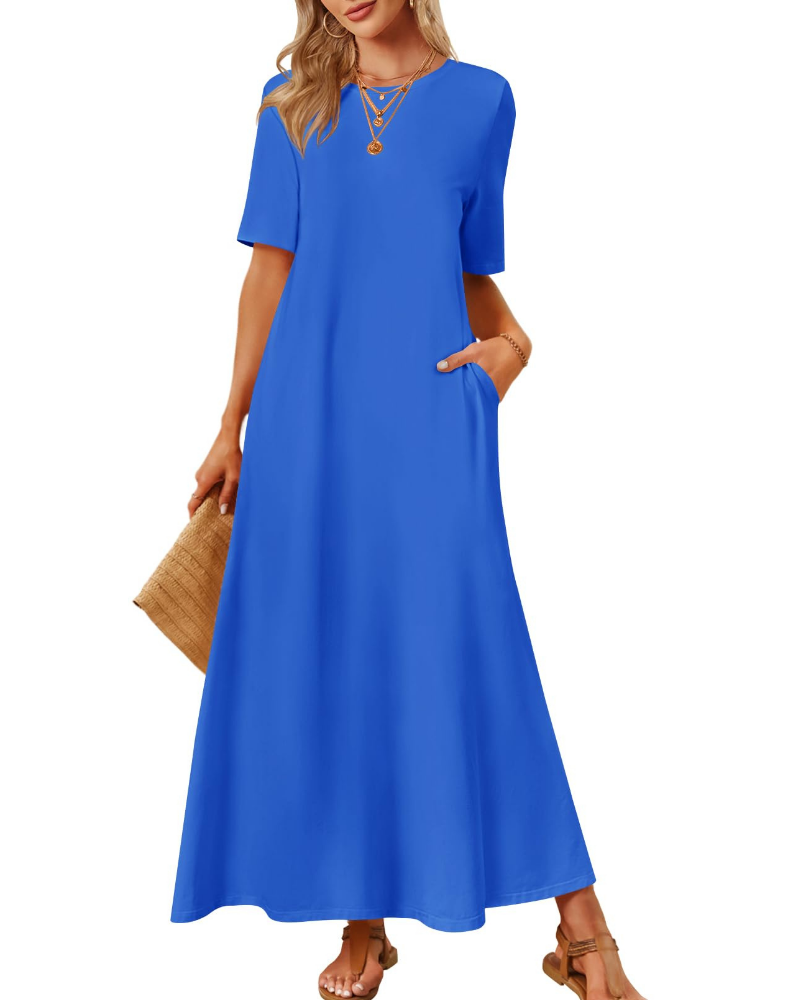 Sophie Abito Femme – Robe Maxi Basique avec Manches Courtes, Col Rond et Poches Latérales