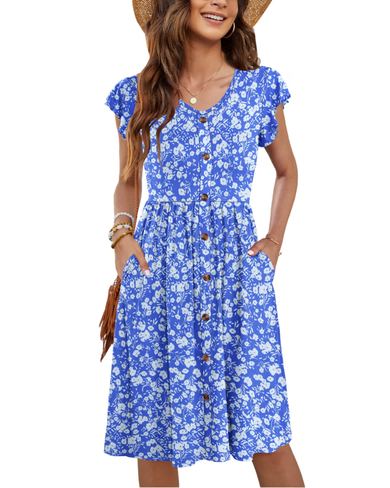 Naomi Damen Midi-Kleid – Sommerkleid mit V-Ausschnitt, Volant-Ärmeln & Taschen