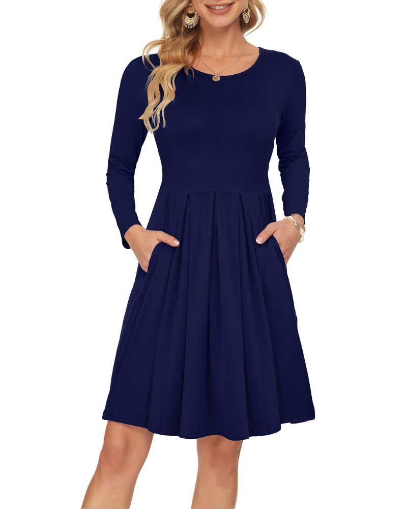 Nora Abito Donna – Vestito Swing al Ginocchio con Maniche Lunghe, Girocollo & Tasche