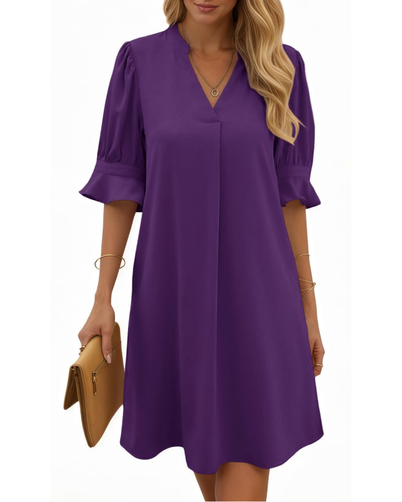 Camille Damen Midi-Kleid – V-Ausschnitt, halbe Volant-Ärmel & lockere Passform