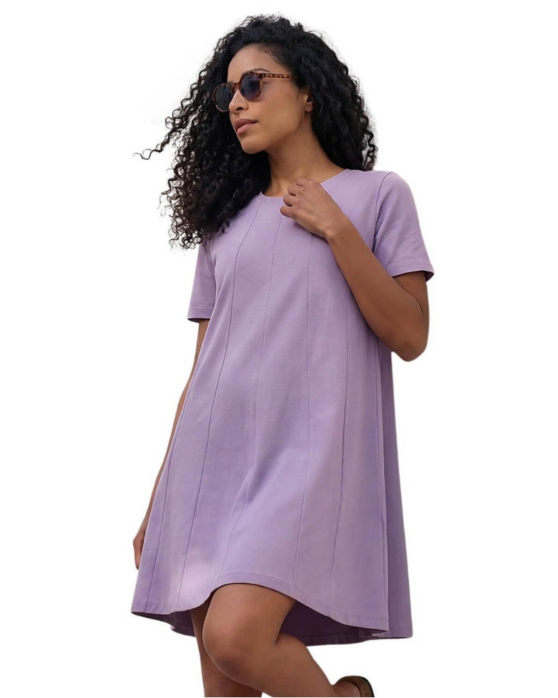 Robe Swing pour Femme Amelia – Robe en Coton Extensible avec Panneaux, Col Rond et Manches Courtes