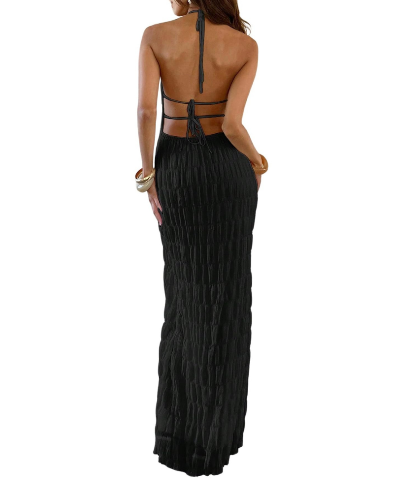 Serena Dámské Šaty – Maxi Šaty Halterneck Bodycon s Otevřenými Zády a Elegantní Texturou