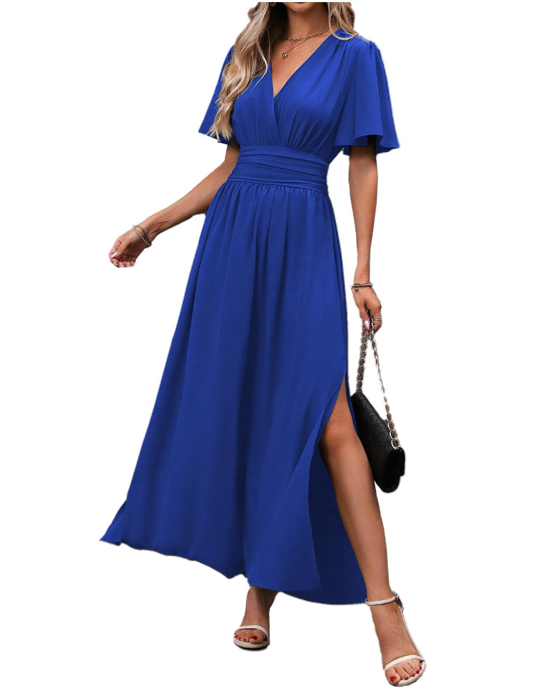 Marina Abito Maxi Damen – Elegantes Kleid mit V-Ausschnitt, Schlitz und Schmetterlingsärmeln