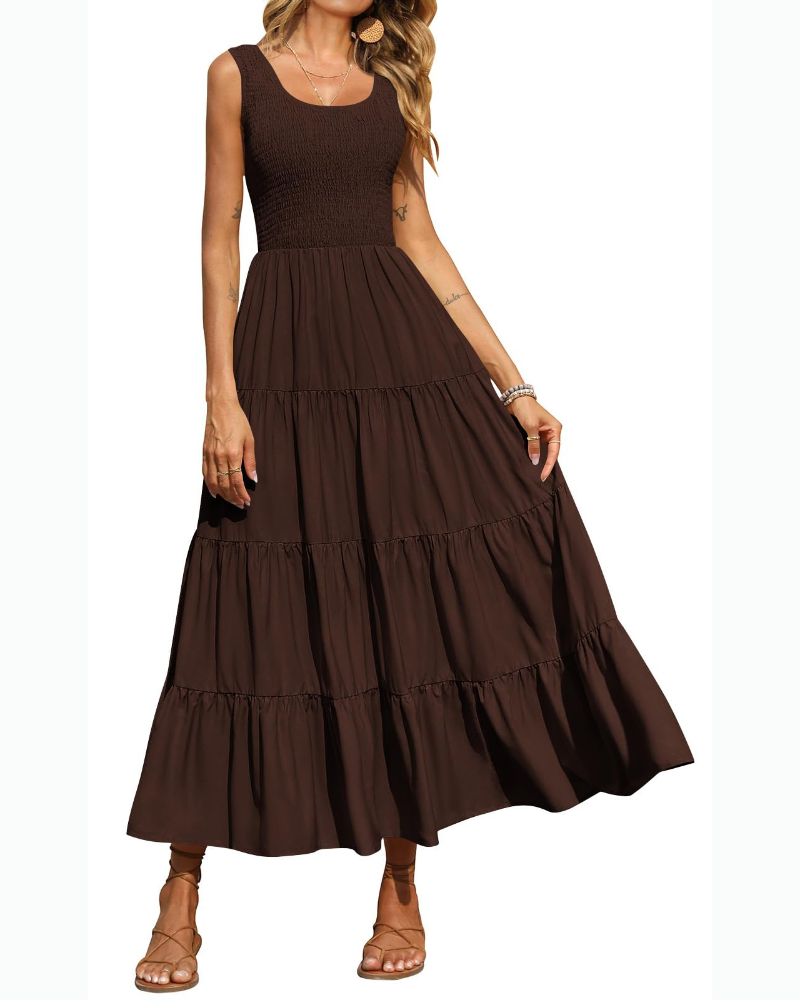 Sophie Abito Donna – Vestito Maxi Smock Senza Maniche con Vita Alta & Gonna a Balze