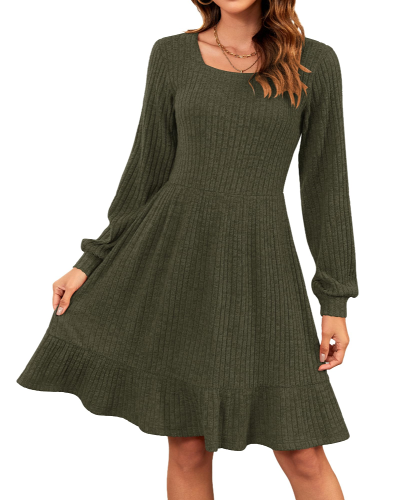 Olivia Abito Donna – Vestito Maglia al Ginocchio con Scollo Quadrato & Maniche Balloon