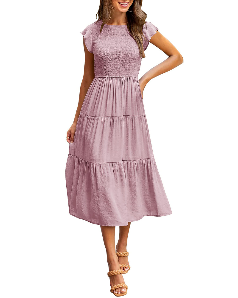 Ella Abito Donna – Vestido midi smock con mangas flutter, cintura alta y falda con volantes