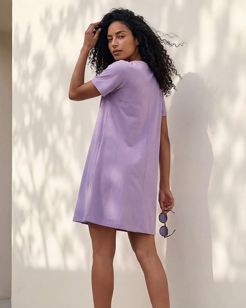 Vestido para mujer Amelia – Vestido swing de algodón elástico con paneles, cuello redondo y mangas cortas