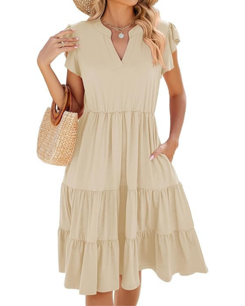 Robe midi d'été pour femme Rosalie Abito – avec col en V, volants, plissé et poches