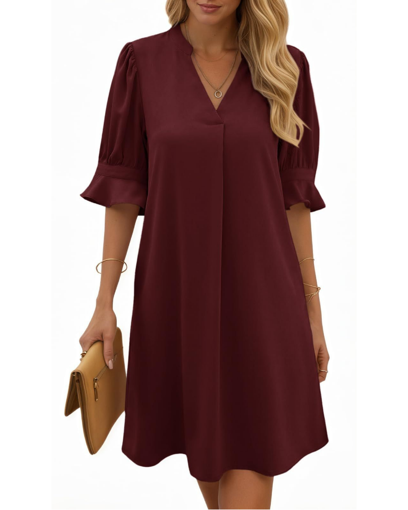 Camille Damen Midi-Kleid – V-Ausschnitt, halbe Volant-Ärmel & lockere Passform